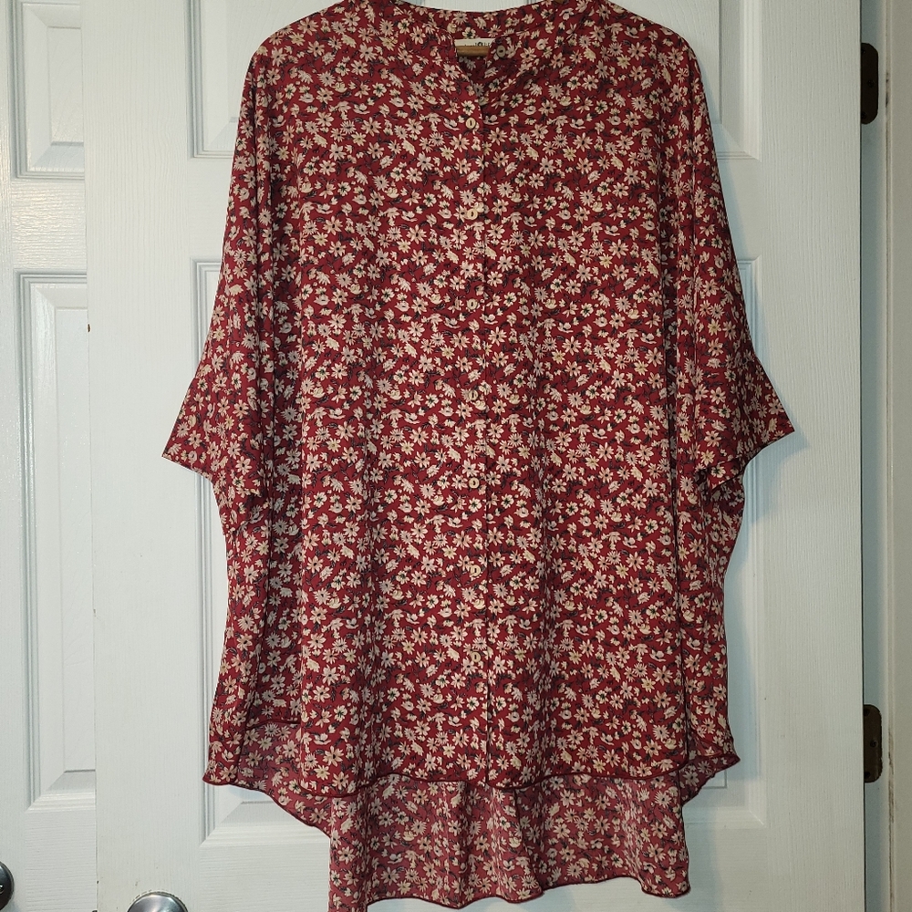 NATURAL LIFE Button Up High Low Tunic Top‎ OSFA  Women's Red Floral